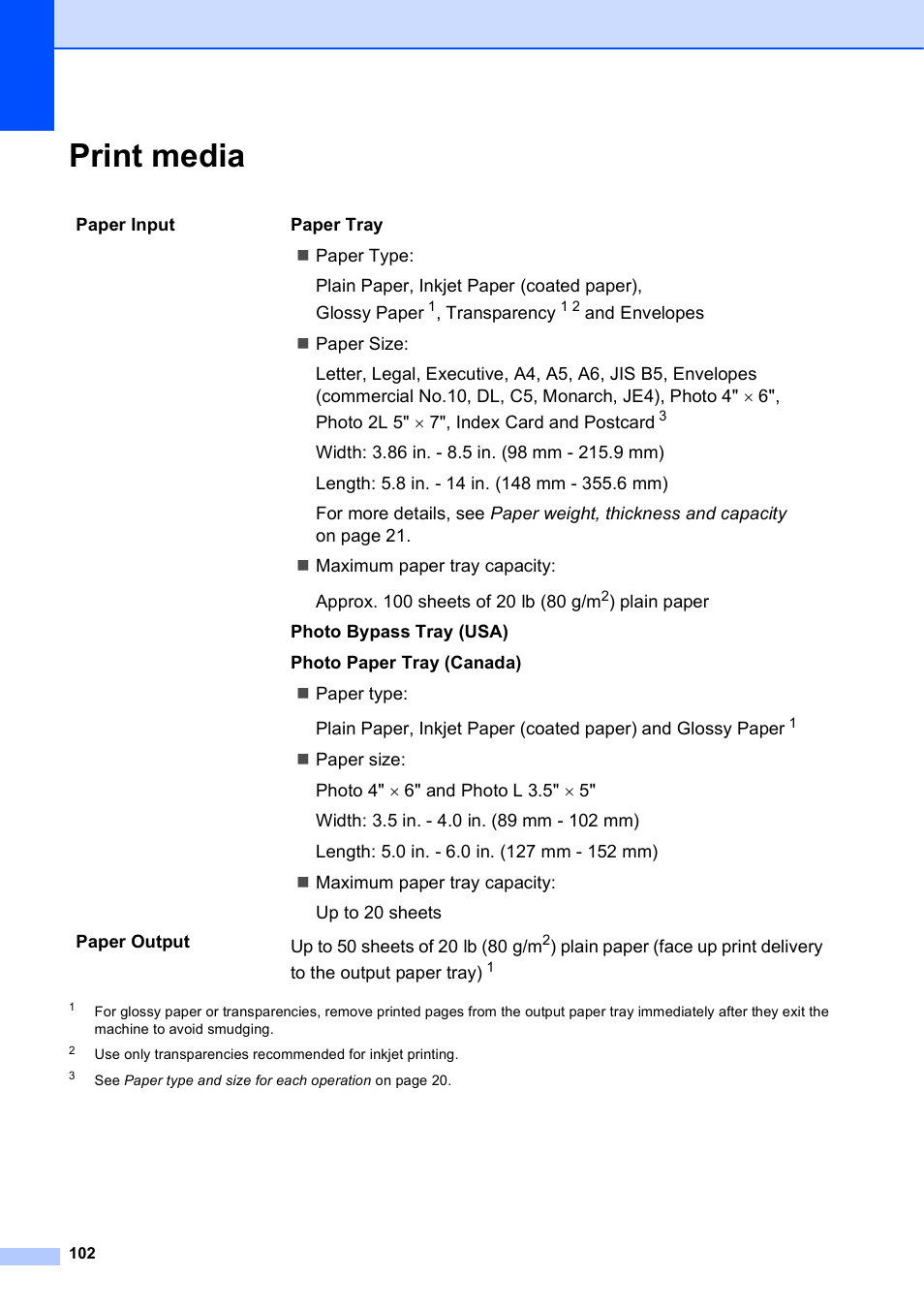 Print media | Brother MFC-J630W User Manual | Page 116 / 129