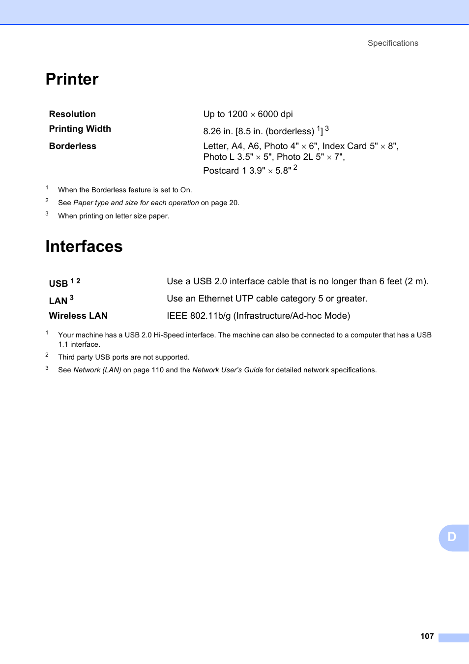 Printer, Interfaces, Printer interfaces | Brother MFC-J630W User Manual | Page 121 / 129