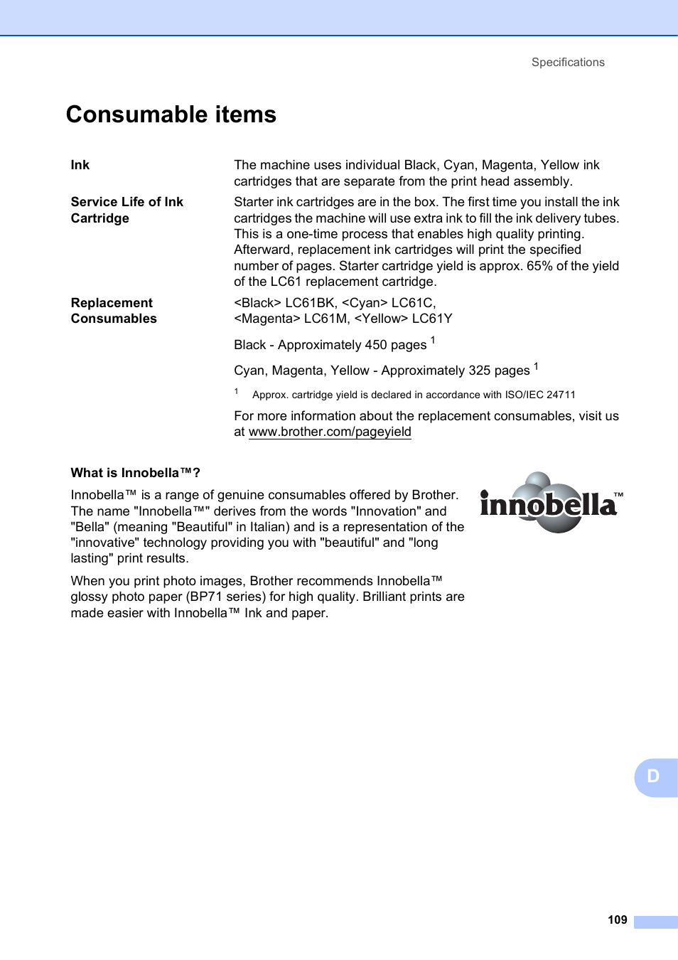 Consumable items | Brother MFC-J630W User Manual | Page 123 / 129