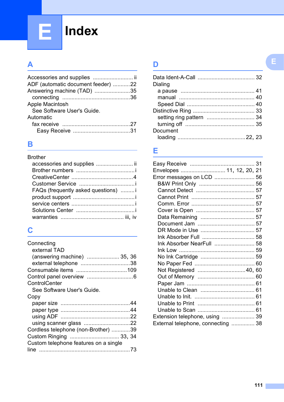 Index | Brother MFC-J630W User Manual | Page 125 / 129