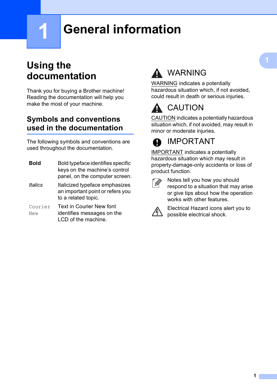 1 general information, Using the documentation, Symbols and conventions used in the documentation | General information, Warning, Caution, Important | Brother MFC-J630W User Manual | Page 15 / 129