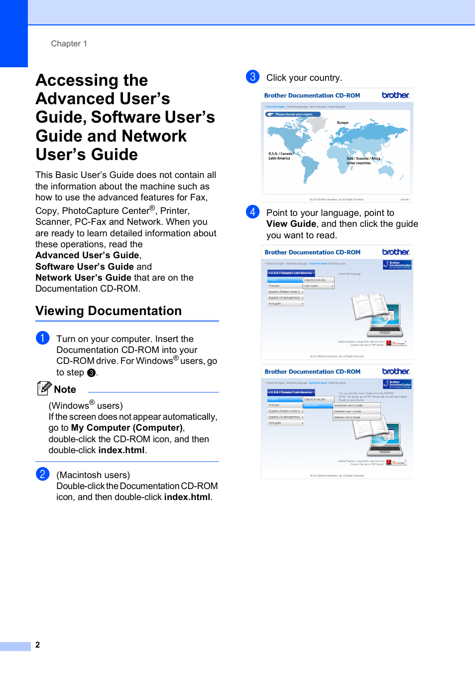 Viewing documentation, Network user’s guide | Brother MFC-J630W User Manual | Page 16 / 129