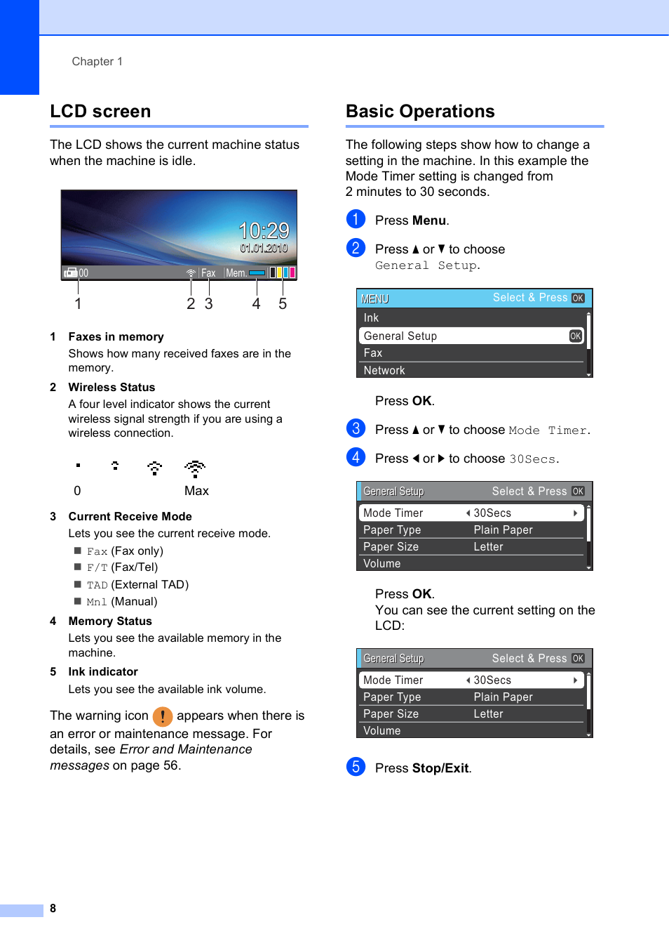 Lcd screen, Basic operations, Lcd screen basic operations | Brother MFC-J630W User Manual | Page 22 / 129