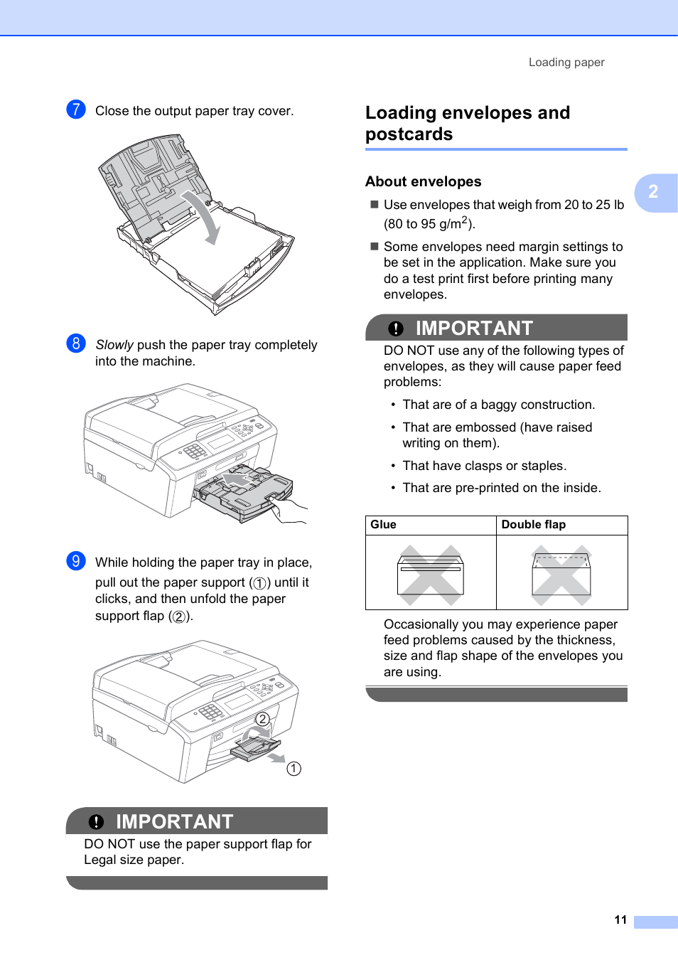 Loading envelopes and postcards, About envelopes, Important | Brother MFC-J630W User Manual | Page 25 / 129