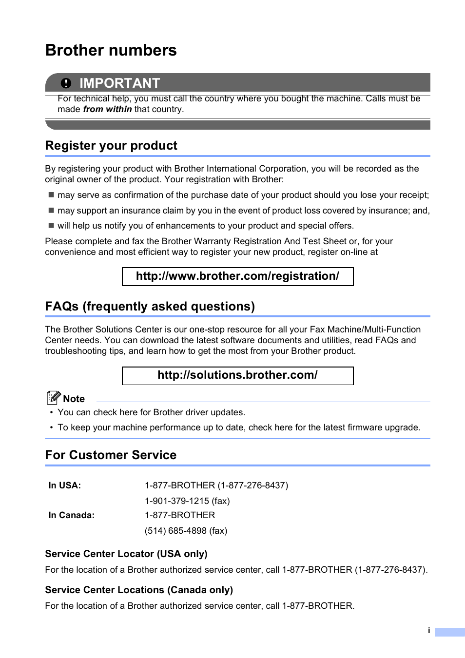 Brother numbers, Register your product, Faqs (frequently asked questions) | For customer service, Important | Brother MFC-J630W User Manual | Page 3 / 129