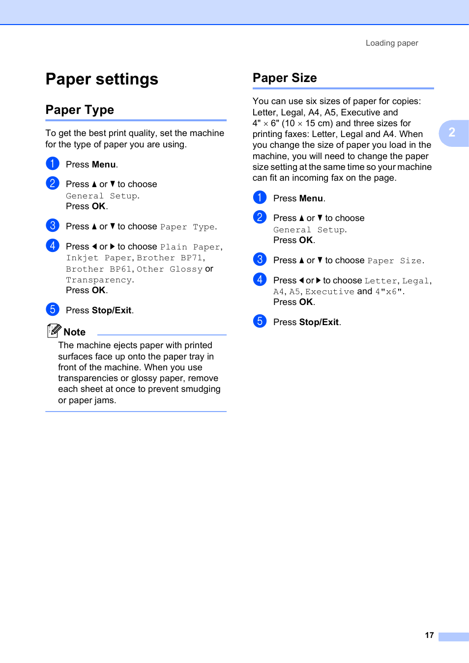 Paper settings, Paper type, Paper size | Paper type paper size | Brother MFC-J630W User Manual | Page 31 / 129