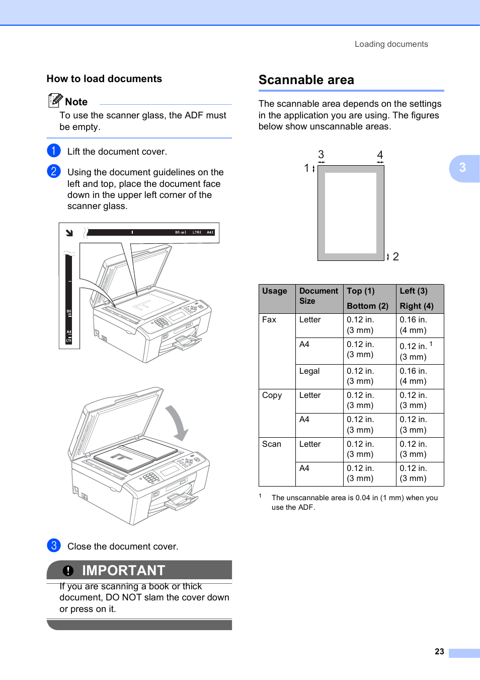 How to load documents, Scannable area, Important | Brother MFC-J630W User Manual | Page 37 / 129
