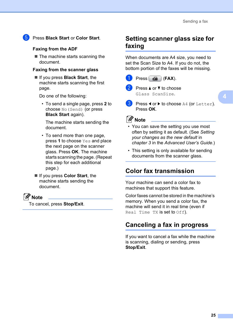 Setting scanner glass size for faxing, Color fax transmission, Canceling a fax in progress | Brother MFC-J630W User Manual | Page 39 / 129