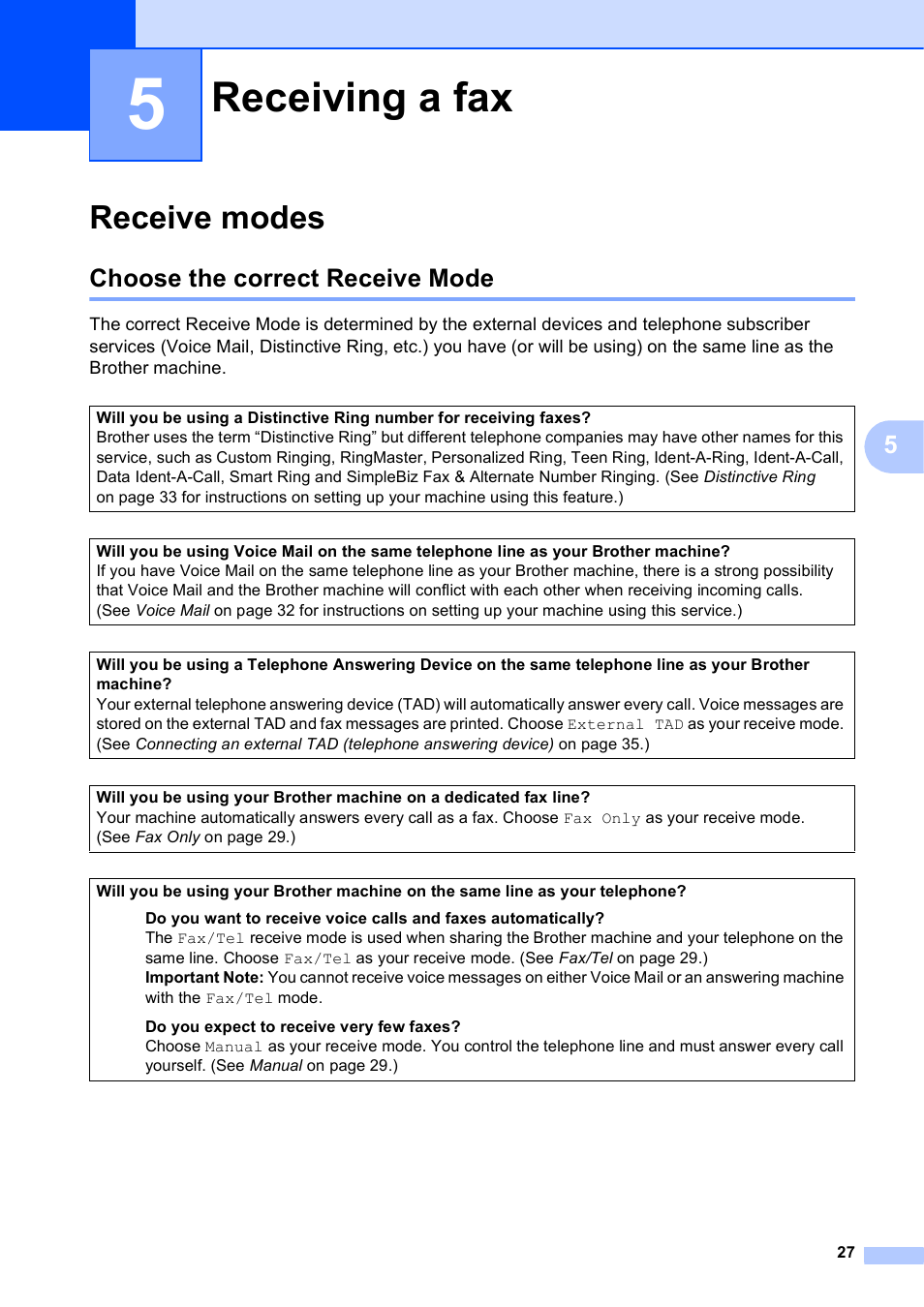 5 receiving a fax, Receive modes, Choose the correct receive mode | Receiving a fax | Brother MFC-J630W User Manual | Page 41 / 129
