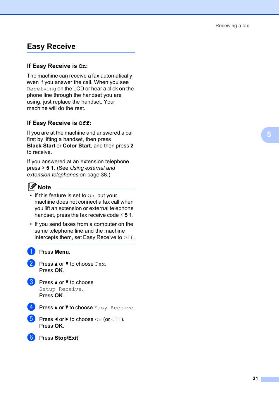 Easy receive, If easy receive is on, If easy receive is off | 5easy receive | Brother MFC-J630W User Manual | Page 45 / 129