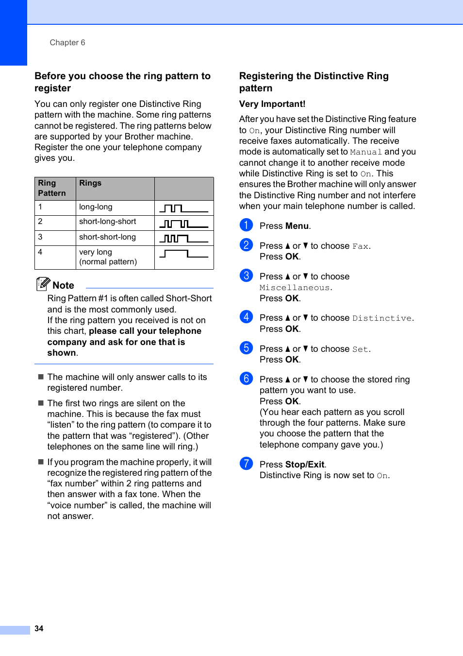 Before you choose the ring pattern to register, Registering the distinctive ring pattern | Brother MFC-J630W User Manual | Page 48 / 129