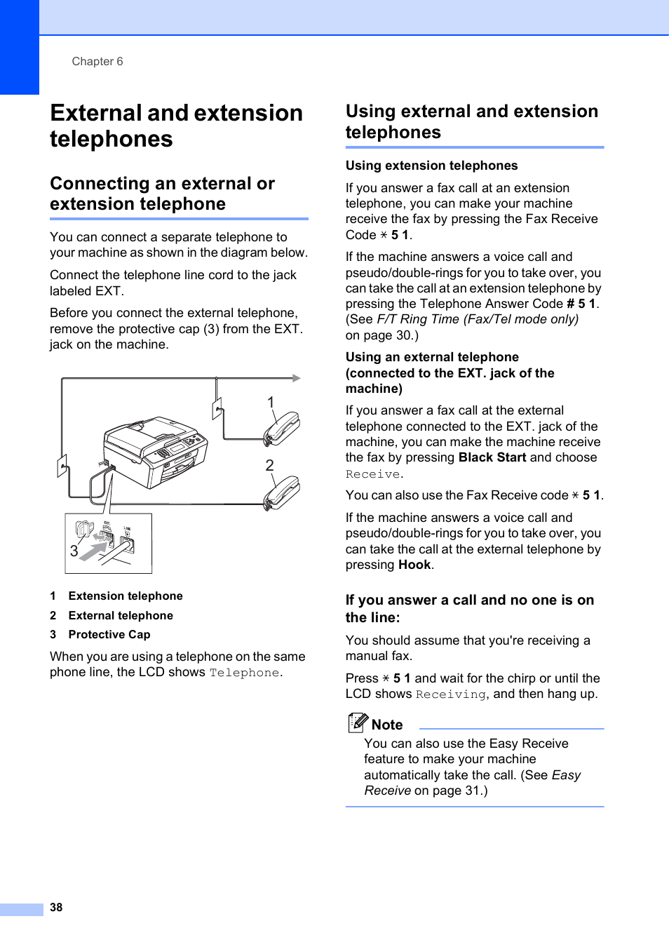 External and extension telephones, Connecting an external or extension telephone, Using external and extension telephones | If you answer a call and no one is on the line | Brother MFC-J630W User Manual | Page 52 / 129