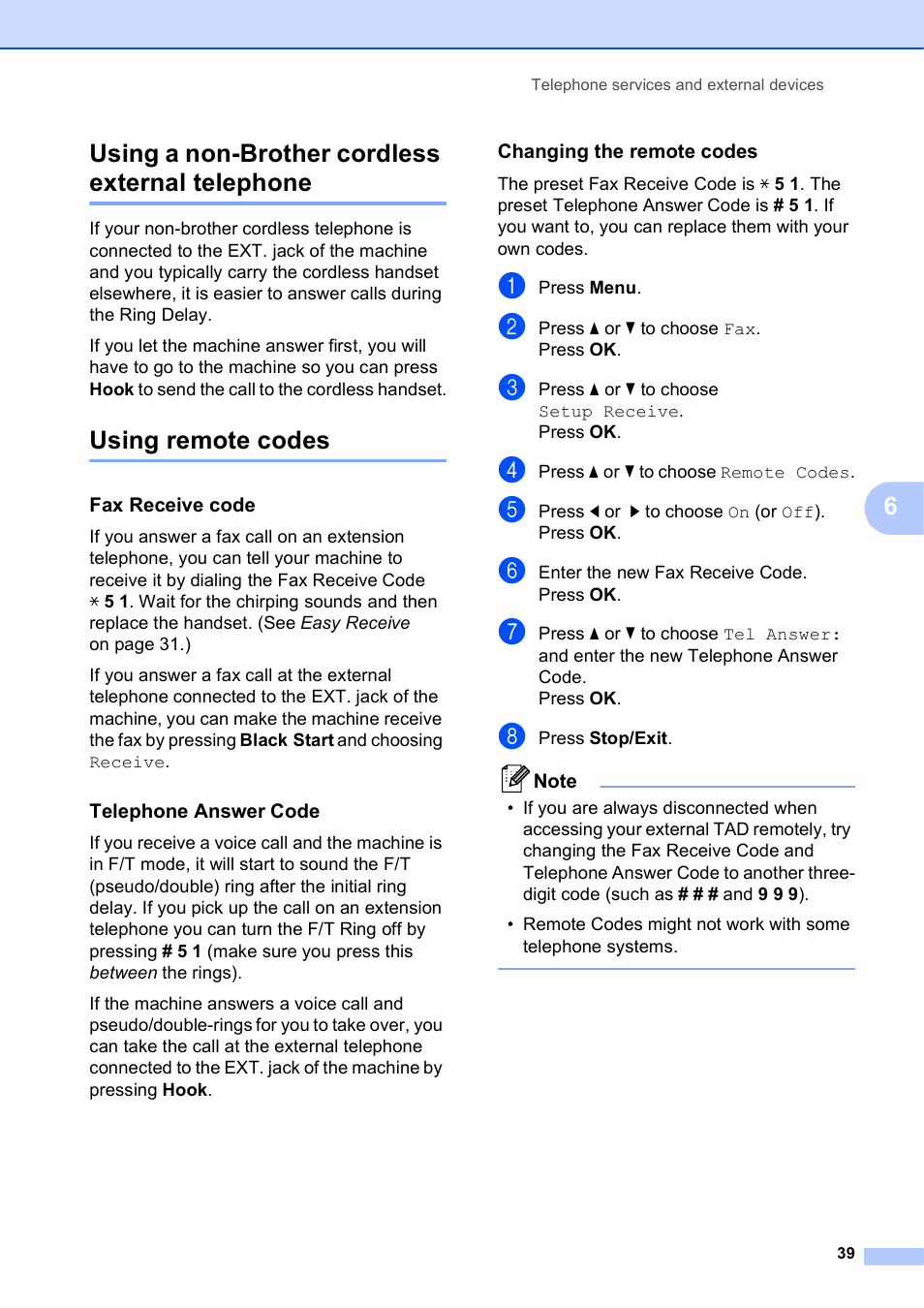 Using a non-brother cordless external telephone, Using remote codes, Fax receive code | Telephone answer code, Changing the remote codes, 6using a non-brother cordless external telephone | Brother MFC-J630W User Manual | Page 53 / 129