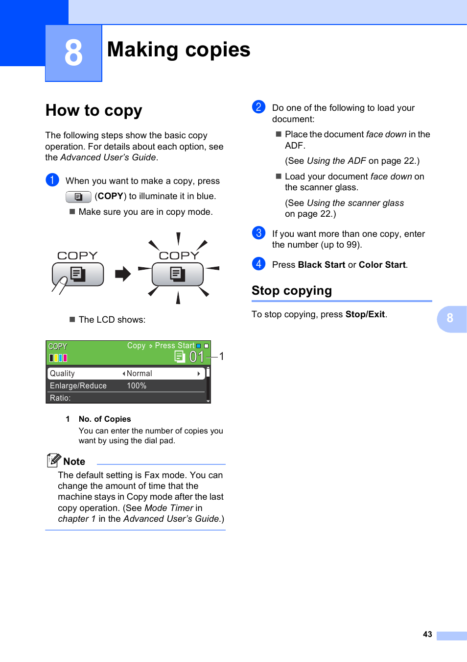 8 making copies, How to copy, Stop copying | Making copies | Brother MFC-J630W User Manual | Page 57 / 129