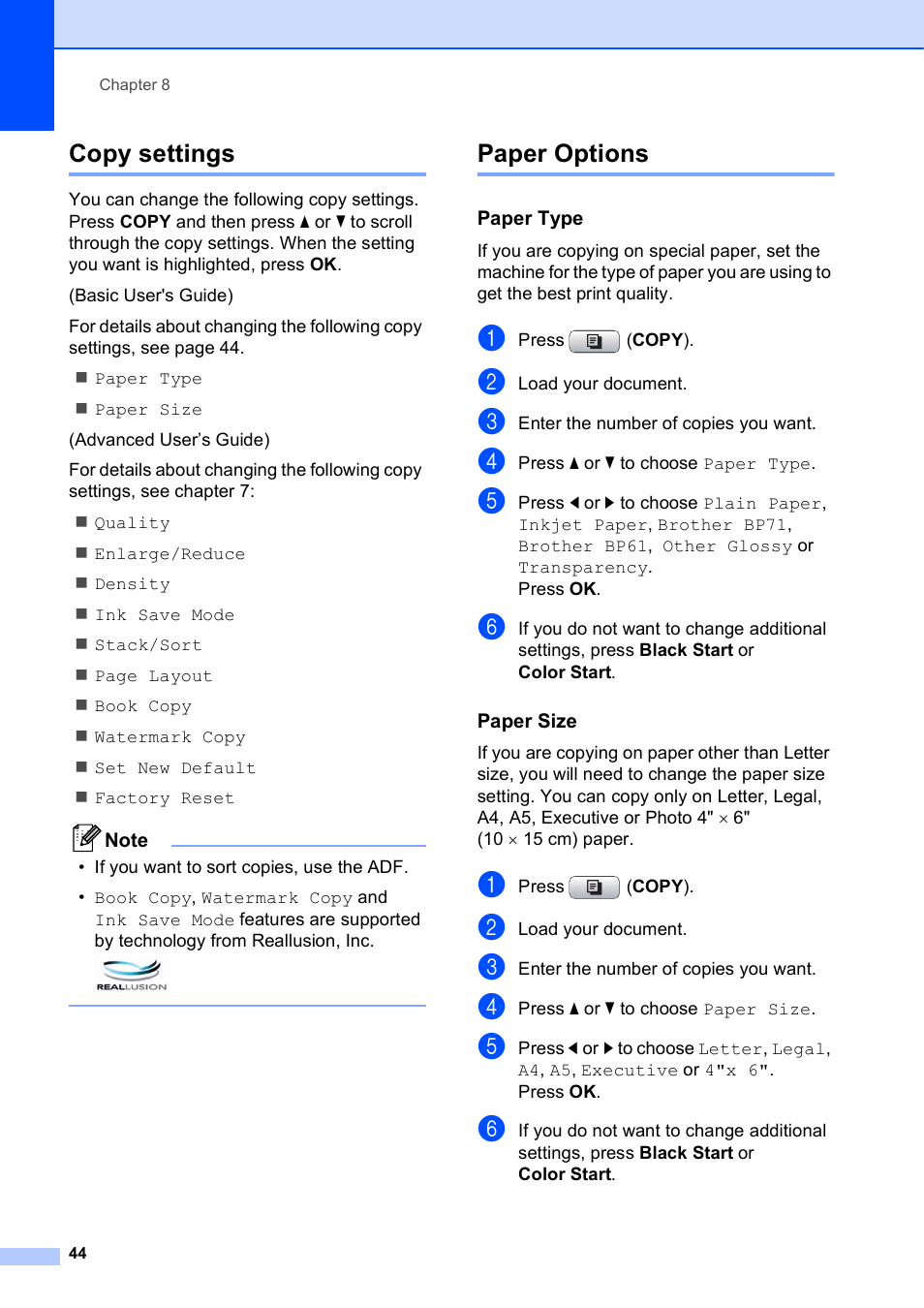 Copy settings, Paper options, Paper type | Paper size, Copy settings paper options | Brother MFC-J630W User Manual | Page 58 / 129