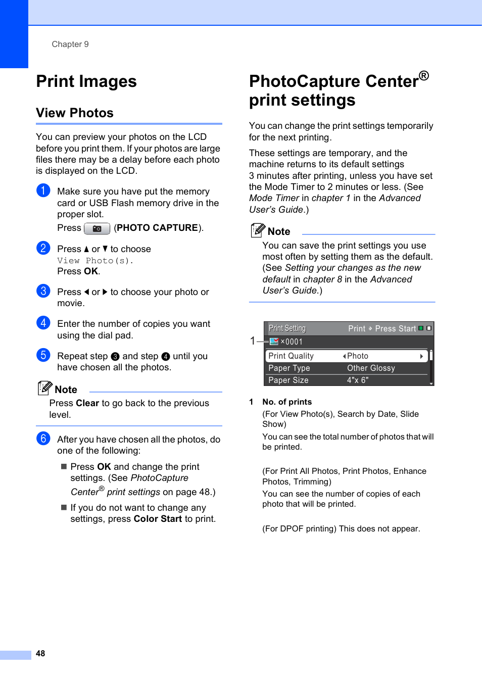 Print images, View photos, Photocapture center® print settings | Photocapture center, Print settings | Brother MFC-J630W User Manual | Page 62 / 129