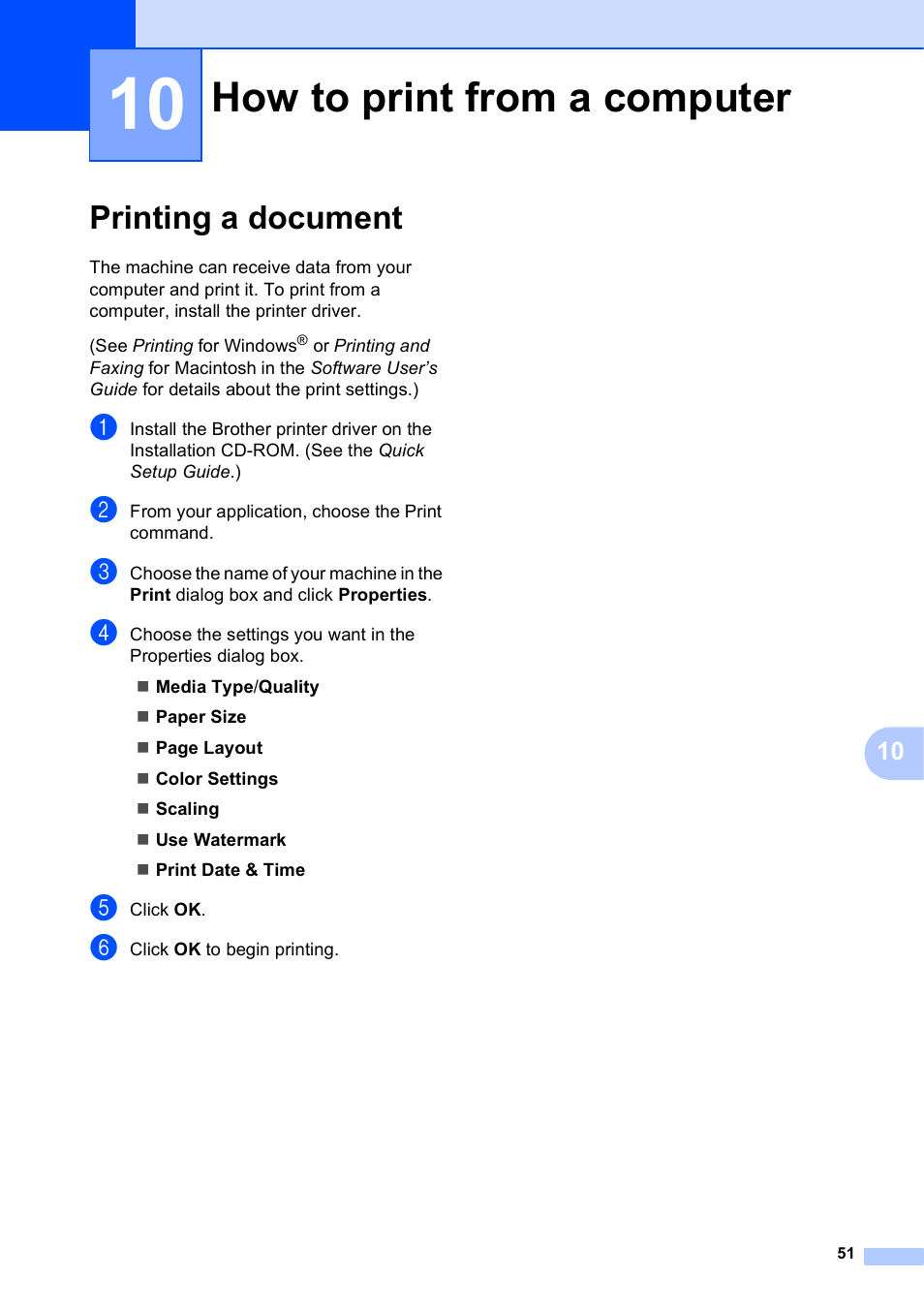 10 how to print from a computer, Printing a document, How to print from a computer | Brother MFC-J630W User Manual | Page 65 / 129