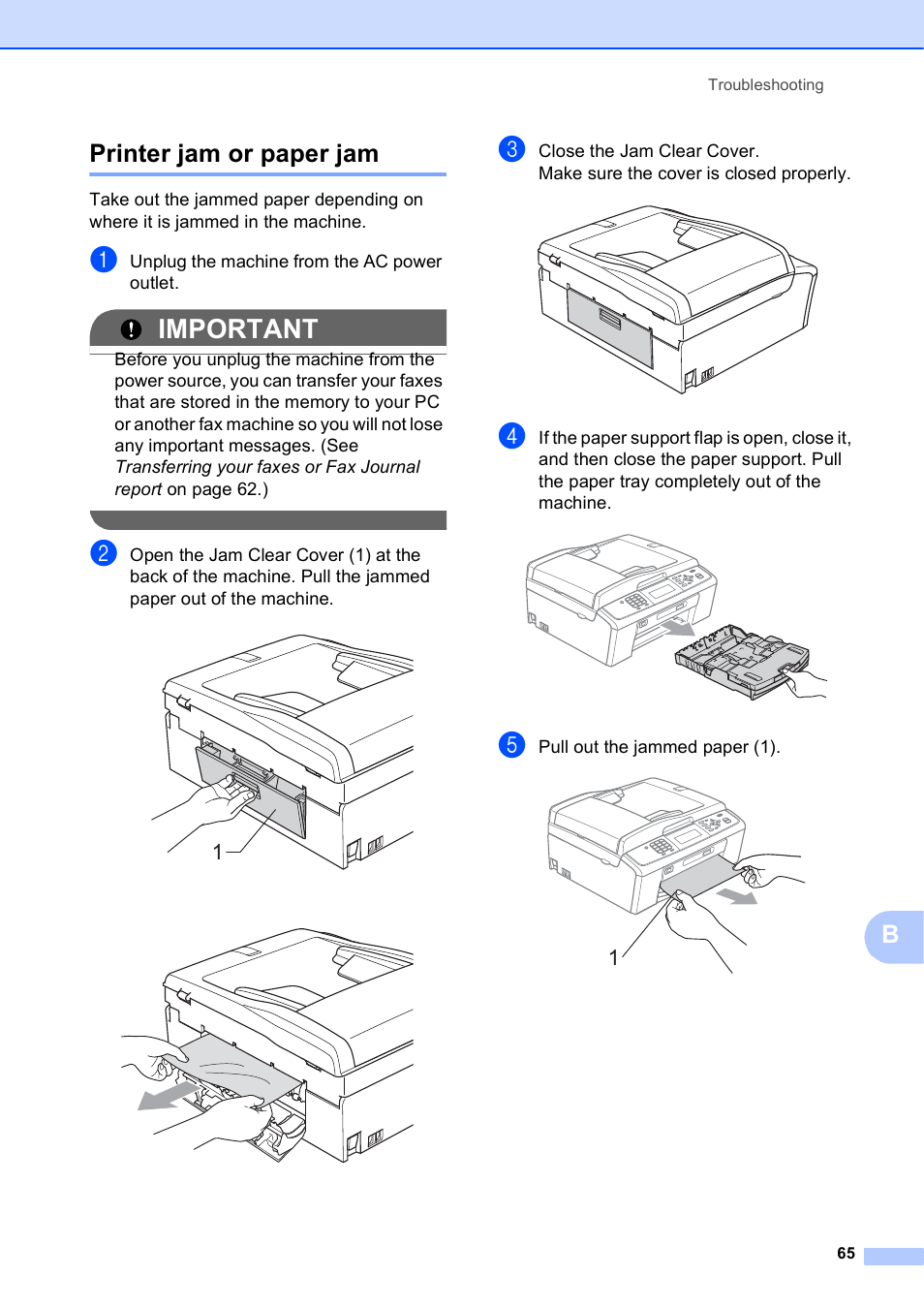 Printer jam or paper jam, Important, Bprinter jam or paper jam | Brother MFC-J630W User Manual | Page 79 / 129