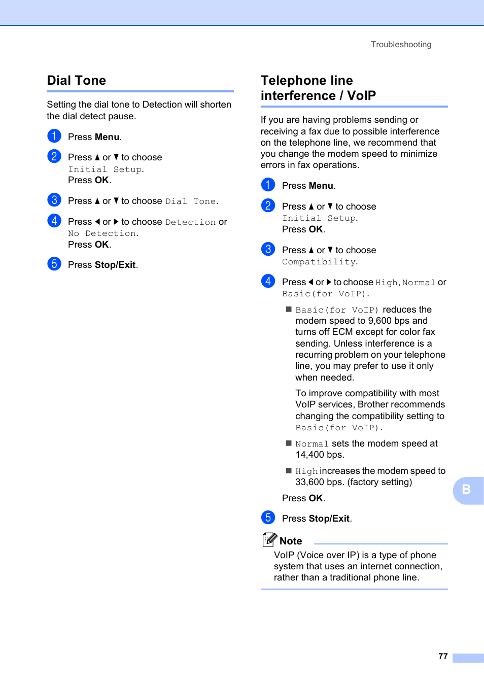 Dial tone, Telephone line interference / voip, Dial tone telephone line interference / voip | Bdial tone | Brother MFC-J630W User Manual | Page 91 / 129