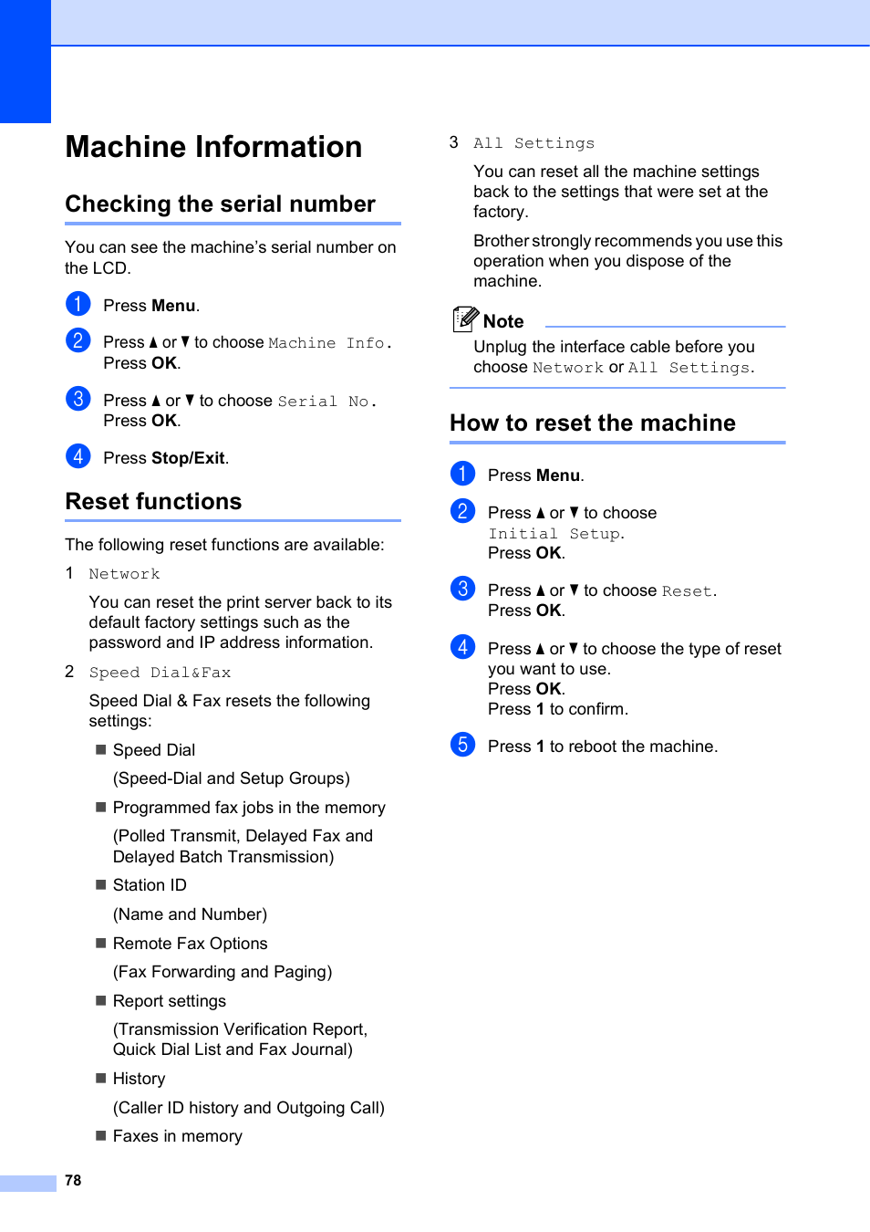 Machine information, Checking the serial number, Reset functions | How to reset the machine | Brother MFC-J630W User Manual | Page 92 / 129