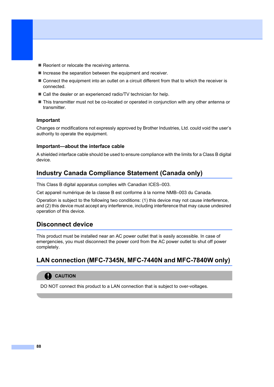 Important, Important-about the interface cable, Industry canada compliance statement (canada only) | Disconnect device, Important—about the interface cable | Brother MFC 7840W User Manual | Page 102 / 192