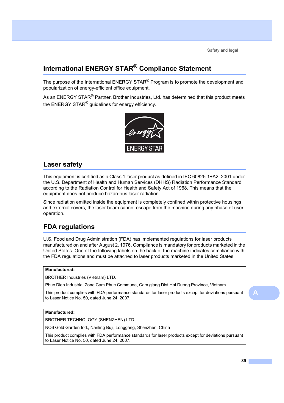 International energy star® compliance statement, Laser safety, Fda regulations | International energy star, Compliance statement, Laser safety fda regulations, Ainternational energy star | Brother MFC 7840W User Manual | Page 103 / 192