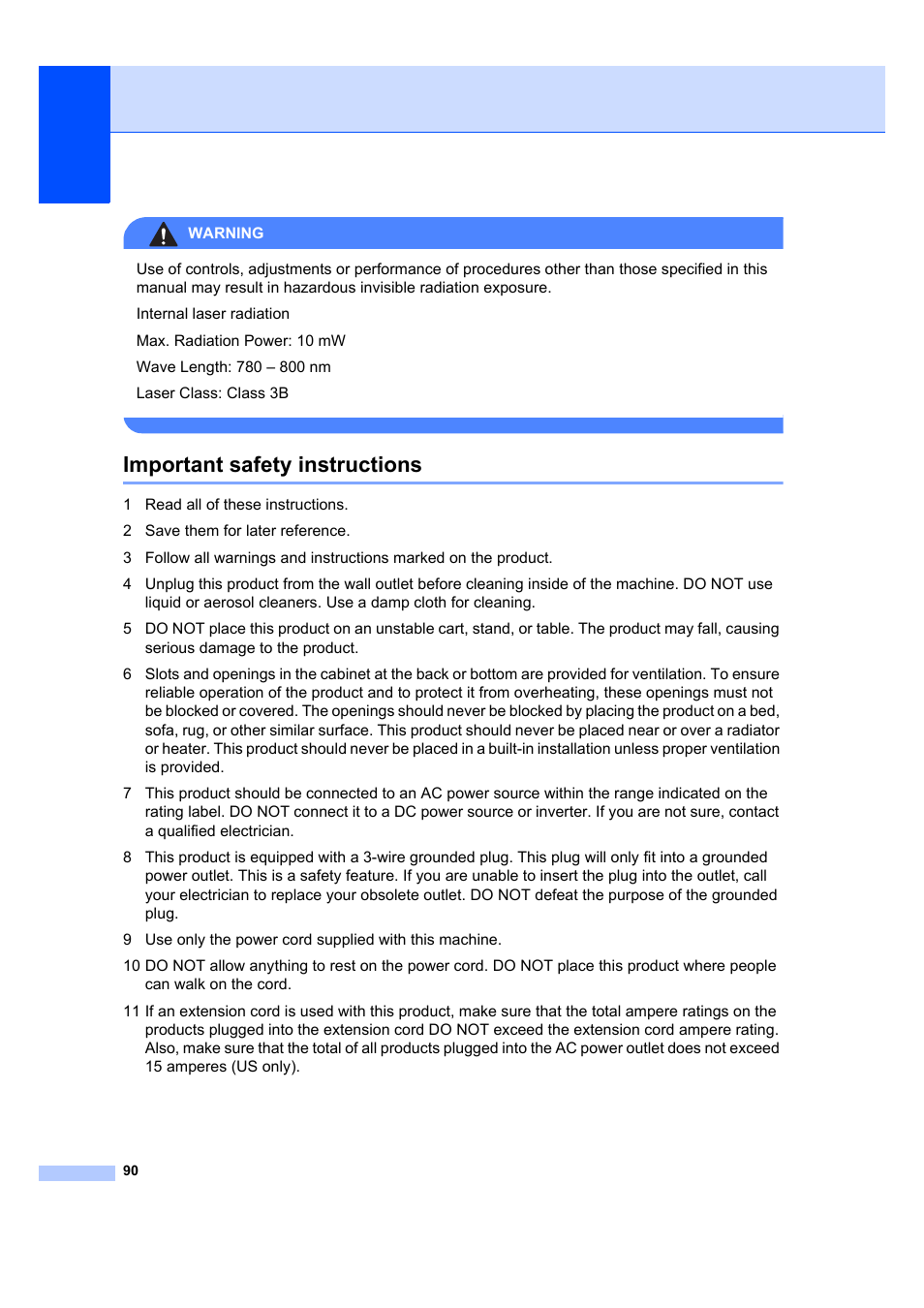 Important safety instructions | Brother MFC 7840W User Manual | Page 104 / 192