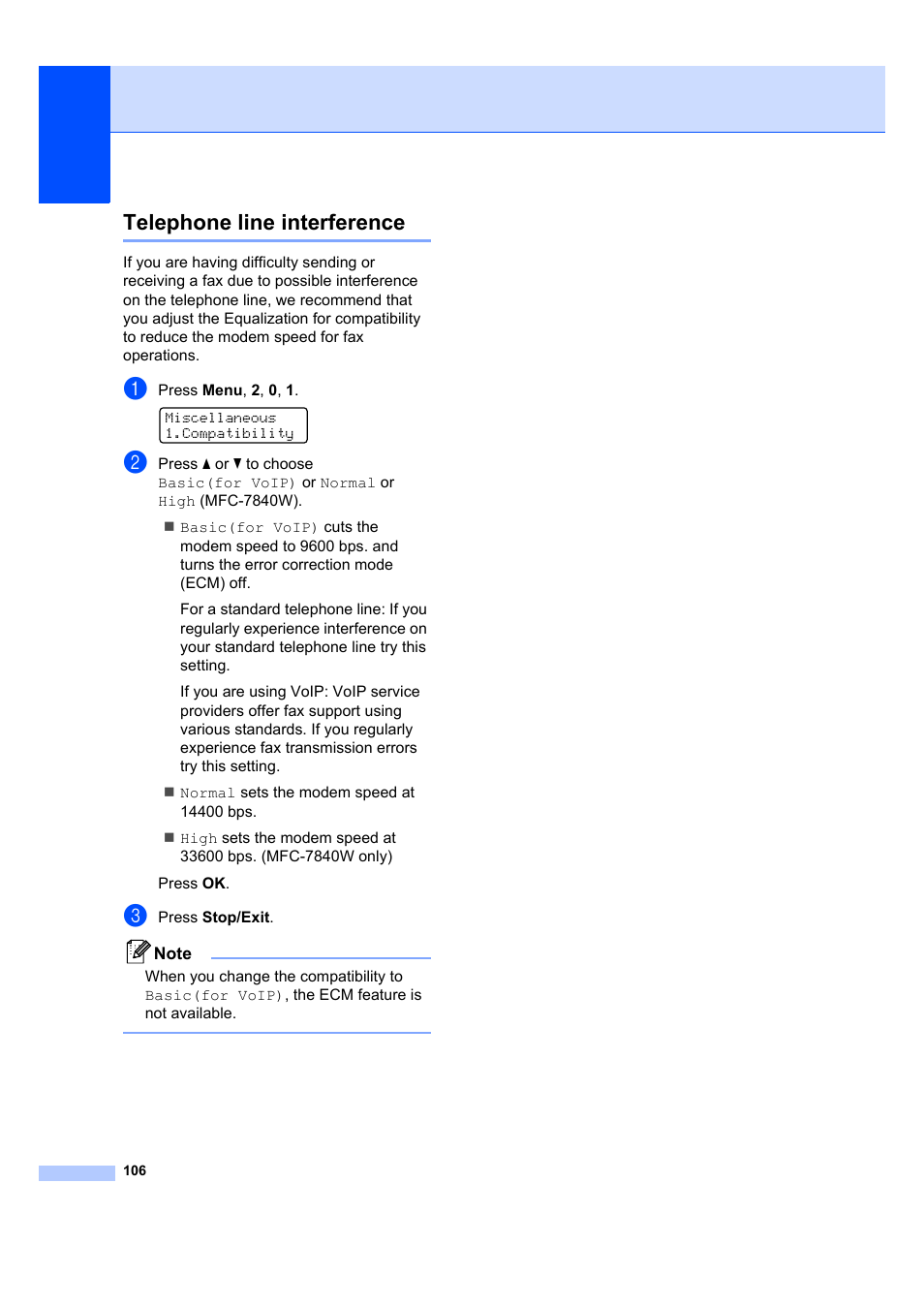 Telephone line interference | Brother MFC 7840W User Manual | Page 120 / 192