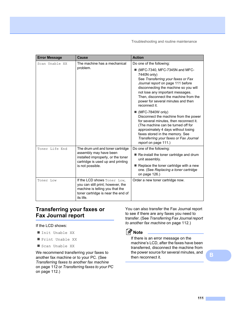 Transferring your faxes or fax journal report, See transferring your faxes or fax journal, See transferring your faxes or fax | Transferring your faxes or fax journal, Btransferring your faxes or fax journal report | Brother MFC 7840W User Manual | Page 125 / 192