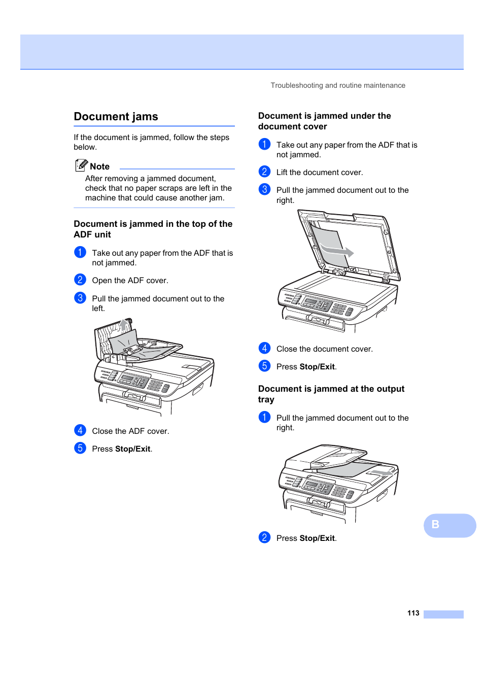 Document jams, Document is jammed in the top of the adf unit, Document is jammed under the document cover | Document is jammed at the output tray, Bdocument jams | Brother MFC 7840W User Manual | Page 127 / 192