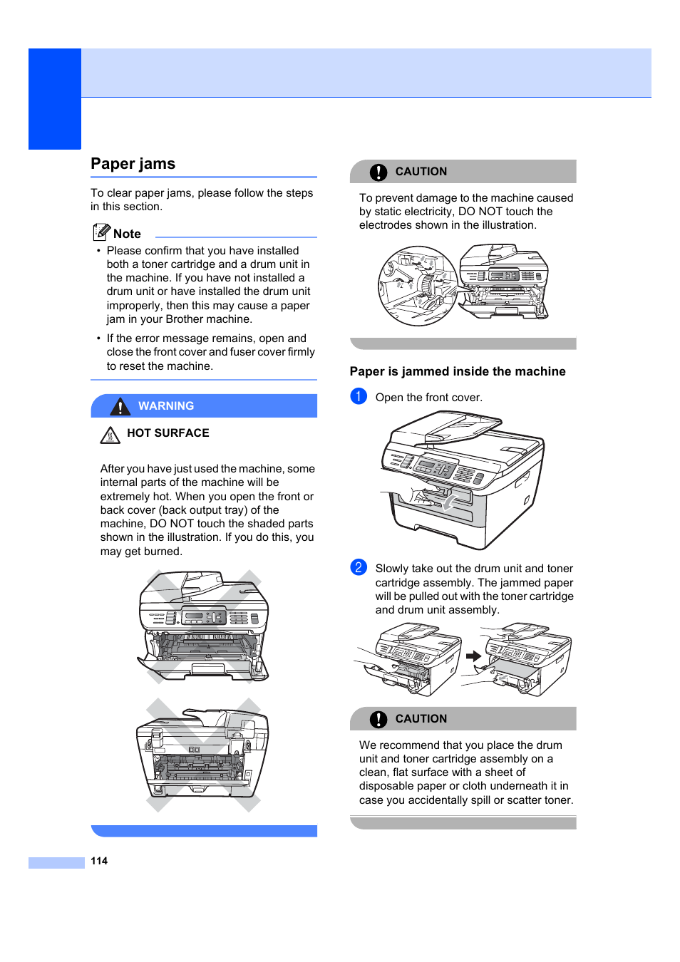 Paper jams, Paper is jammed inside the machine, Warning hot surface | Caution, Open the front cover | Brother MFC 7840W User Manual | Page 128 / 192
