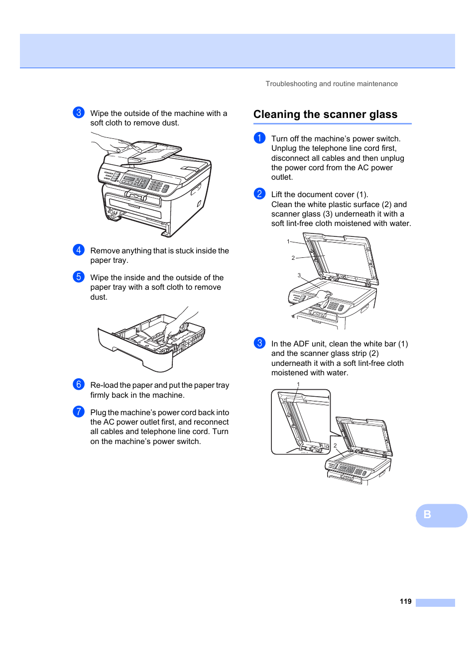 Cleaning the scanner glass | Brother MFC 7840W User Manual | Page 133 / 192