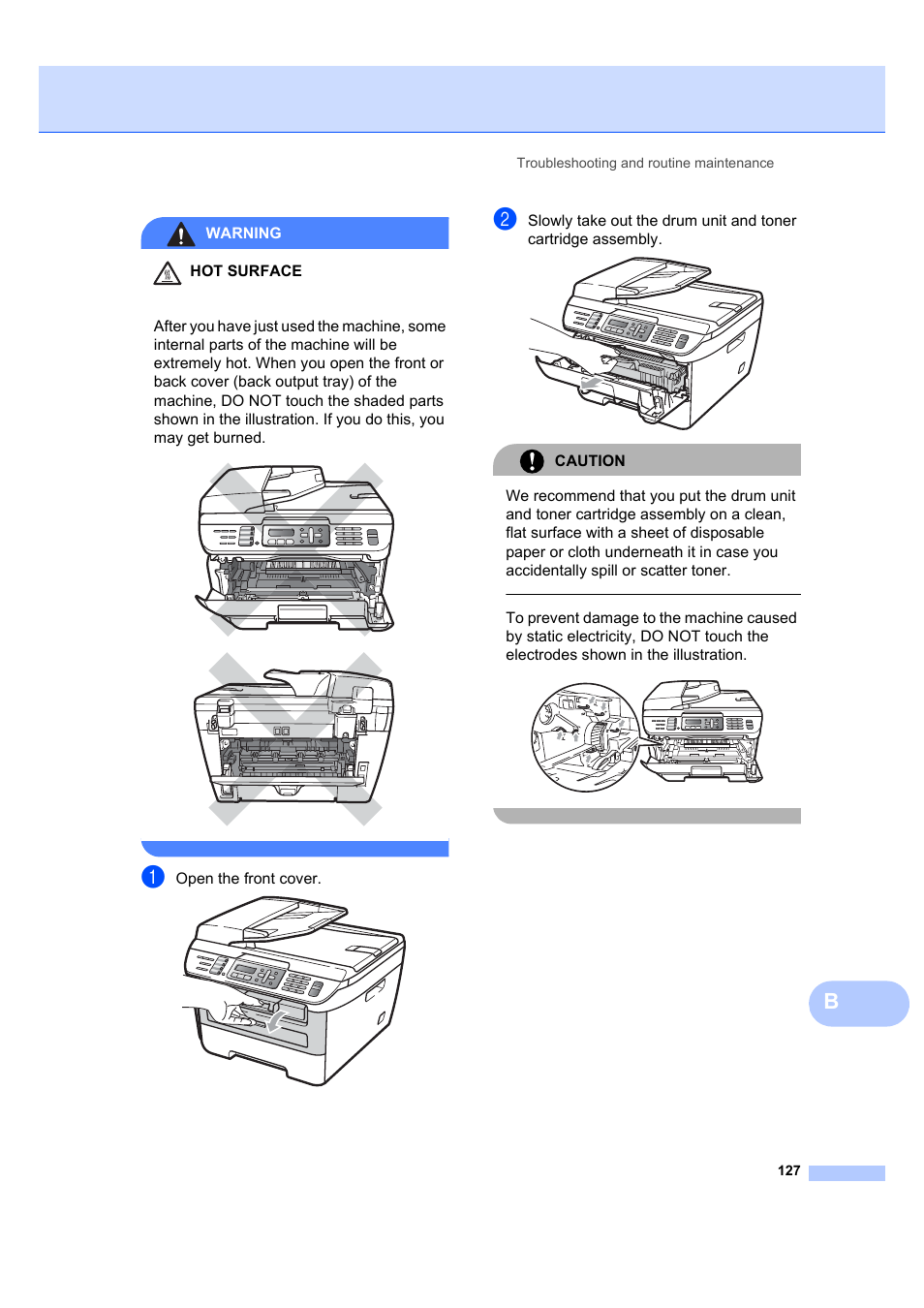 Warning hot surface, Open the front cover, Caution | Troubleshooting and routine maintenance 127 | Brother MFC 7840W User Manual | Page 141 / 192