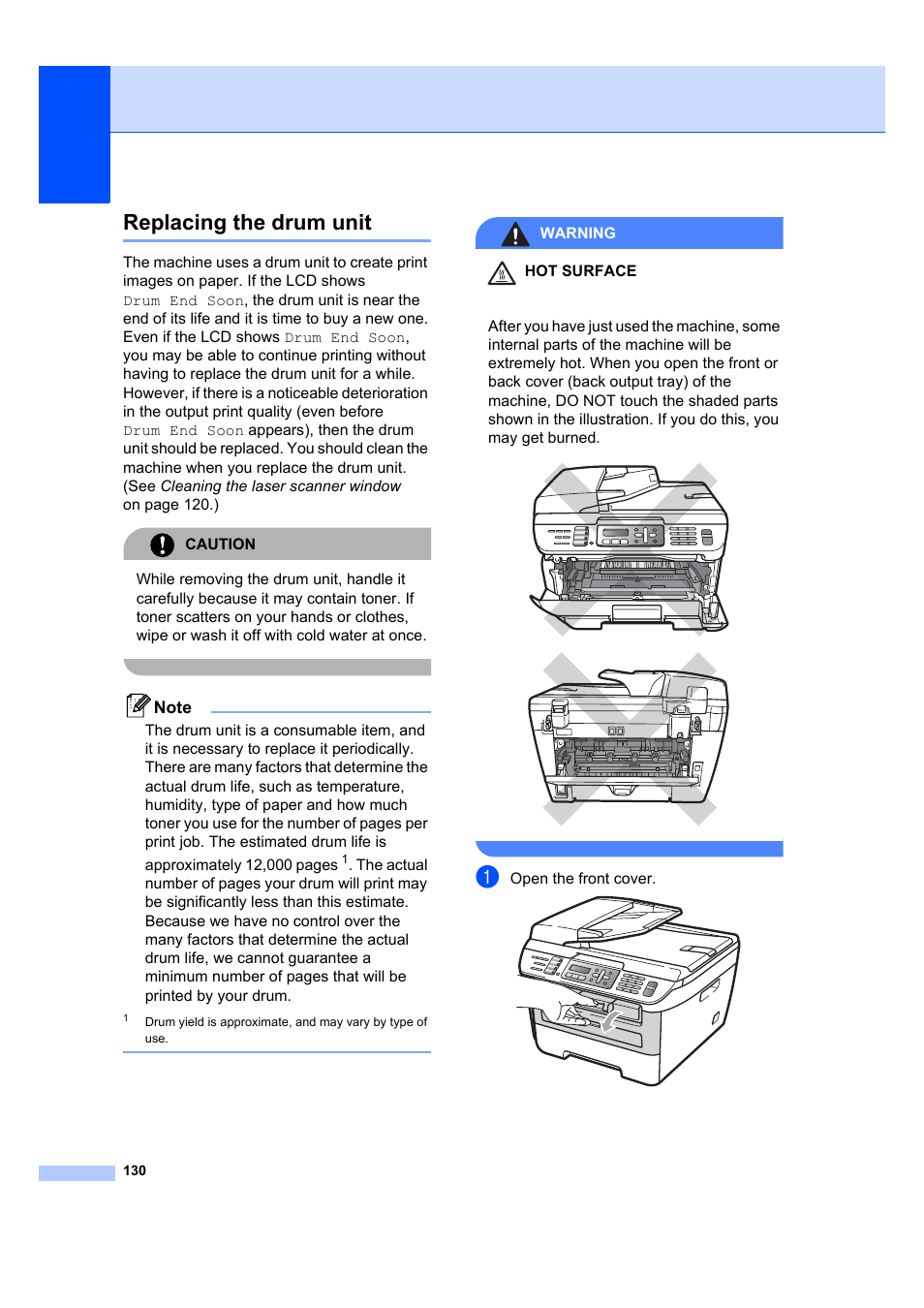 Replacing the drum unit, Warning hot surface, Open the front cover | Brother MFC 7840W User Manual | Page 144 / 192