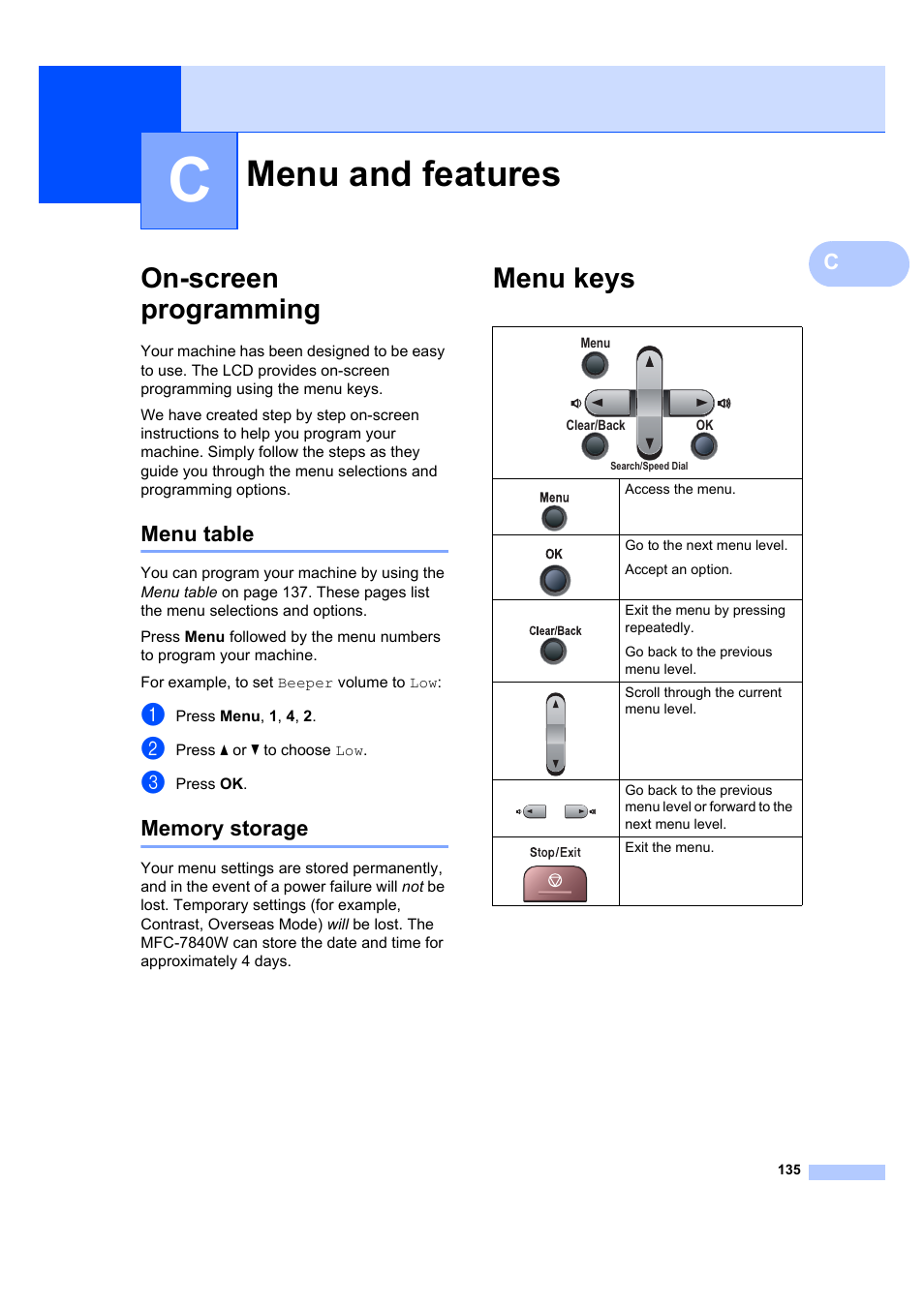 C menu and features, On-screen programming, Menu table | Memory storage, Menu keys, Menu and features, Menu table memory storage | Brother MFC 7840W User Manual | Page 149 / 192