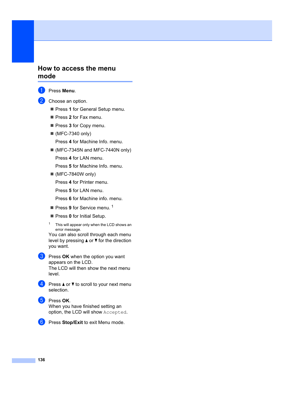 How to access the menu mode | Brother MFC 7840W User Manual | Page 150 / 192