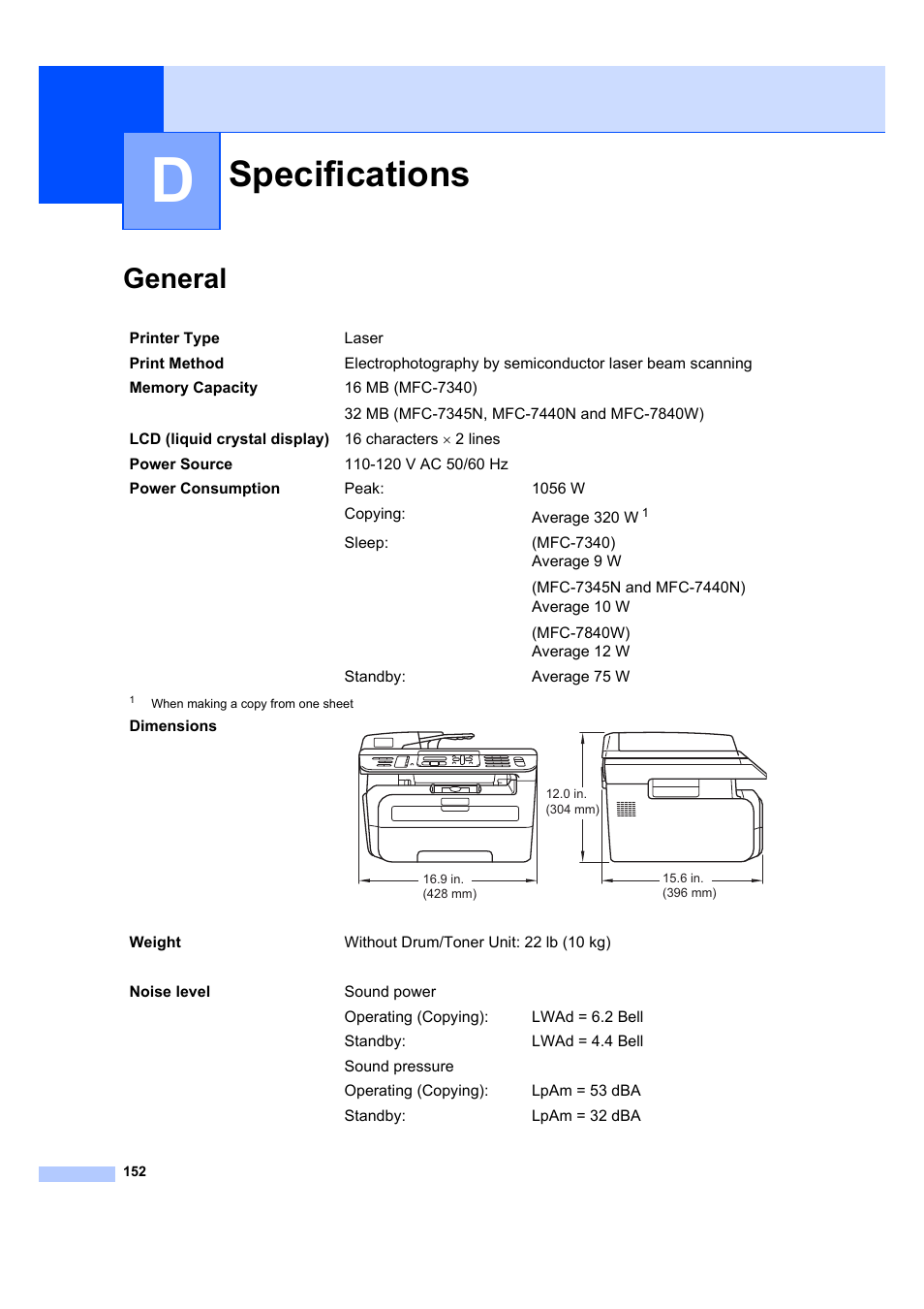 D specifications, General, Specifications | Brother MFC 7840W User Manual | Page 166 / 192