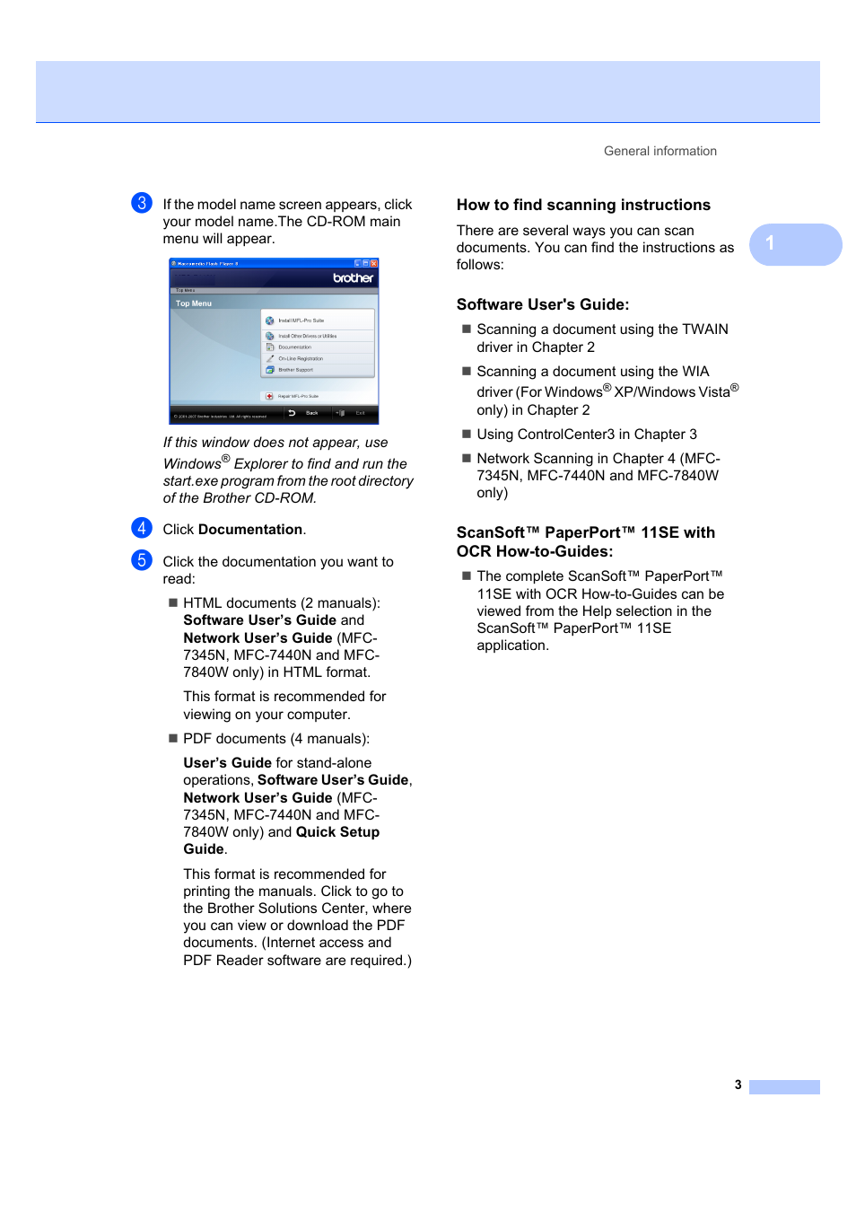 How to find scanning instructions, Software user's guide, Scansoft™ paperport™ 11se with ocr how-to-guides | Brother MFC 7840W User Manual | Page 17 / 192