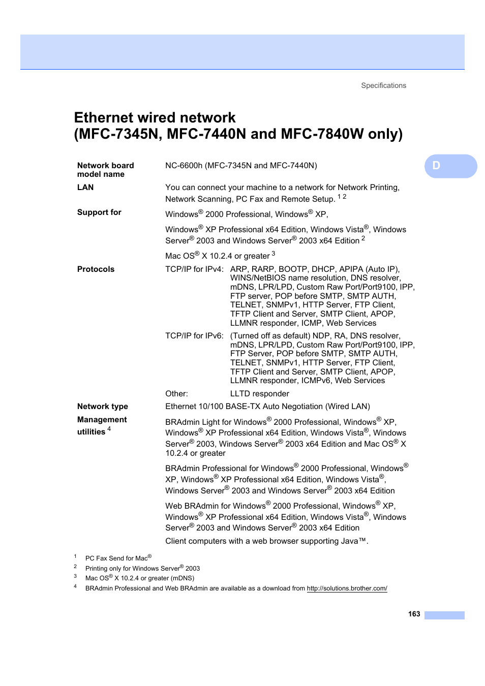 Ethernet wired network, Mfc-7345n, mfc-7440n and mfc-7840w only) | Brother MFC 7840W User Manual | Page 177 / 192