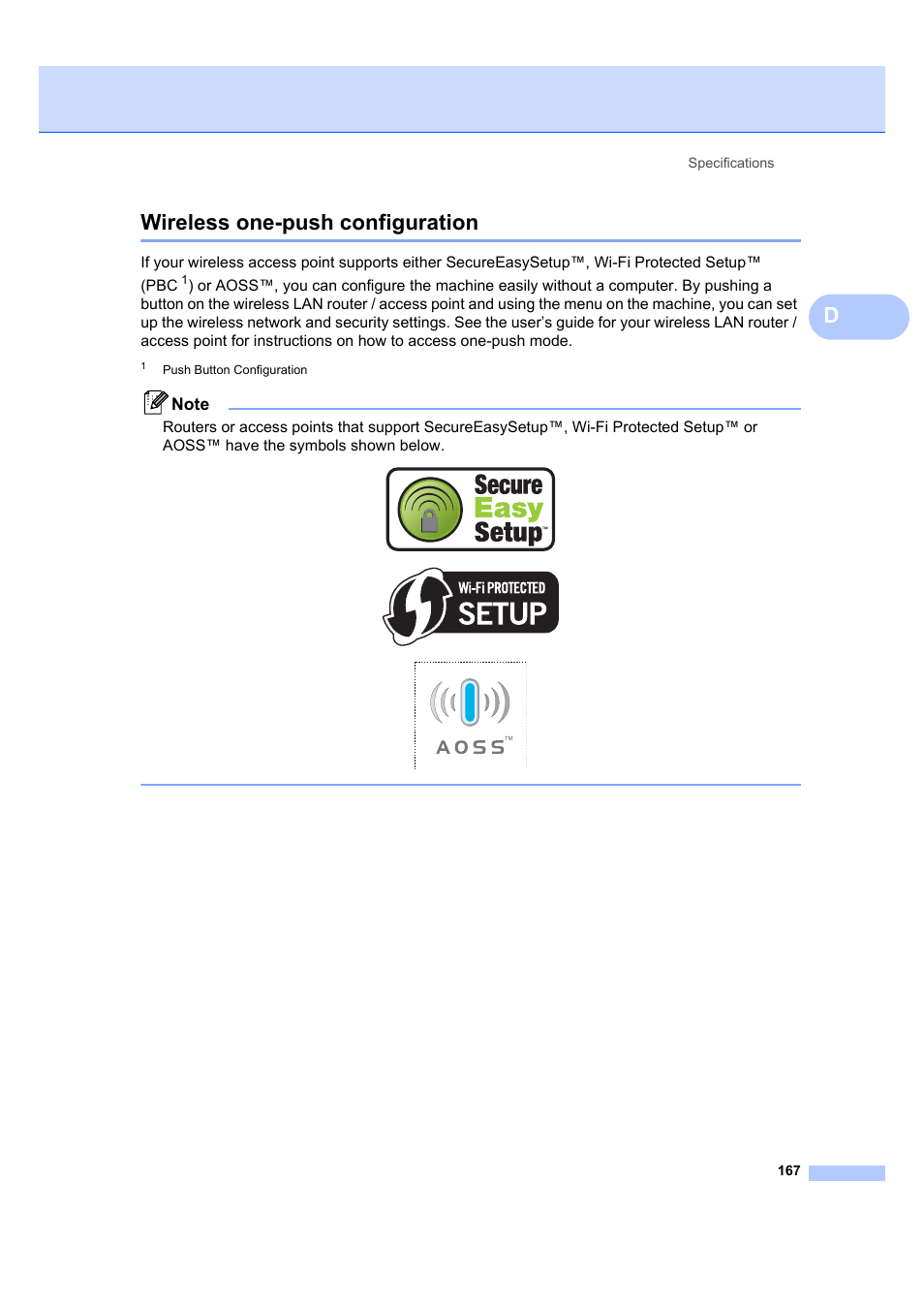 Wireless one-push configuration, Dwireless one-push configuration | Brother MFC 7840W User Manual | Page 181 / 192