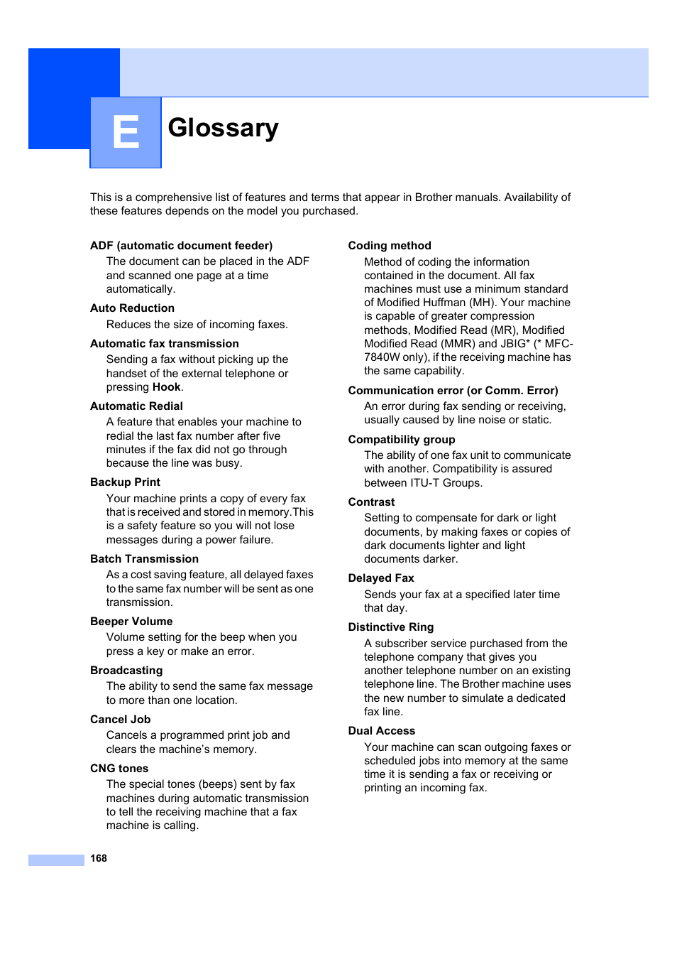 E glossary, Glossary | Brother MFC 7840W User Manual | Page 182 / 192