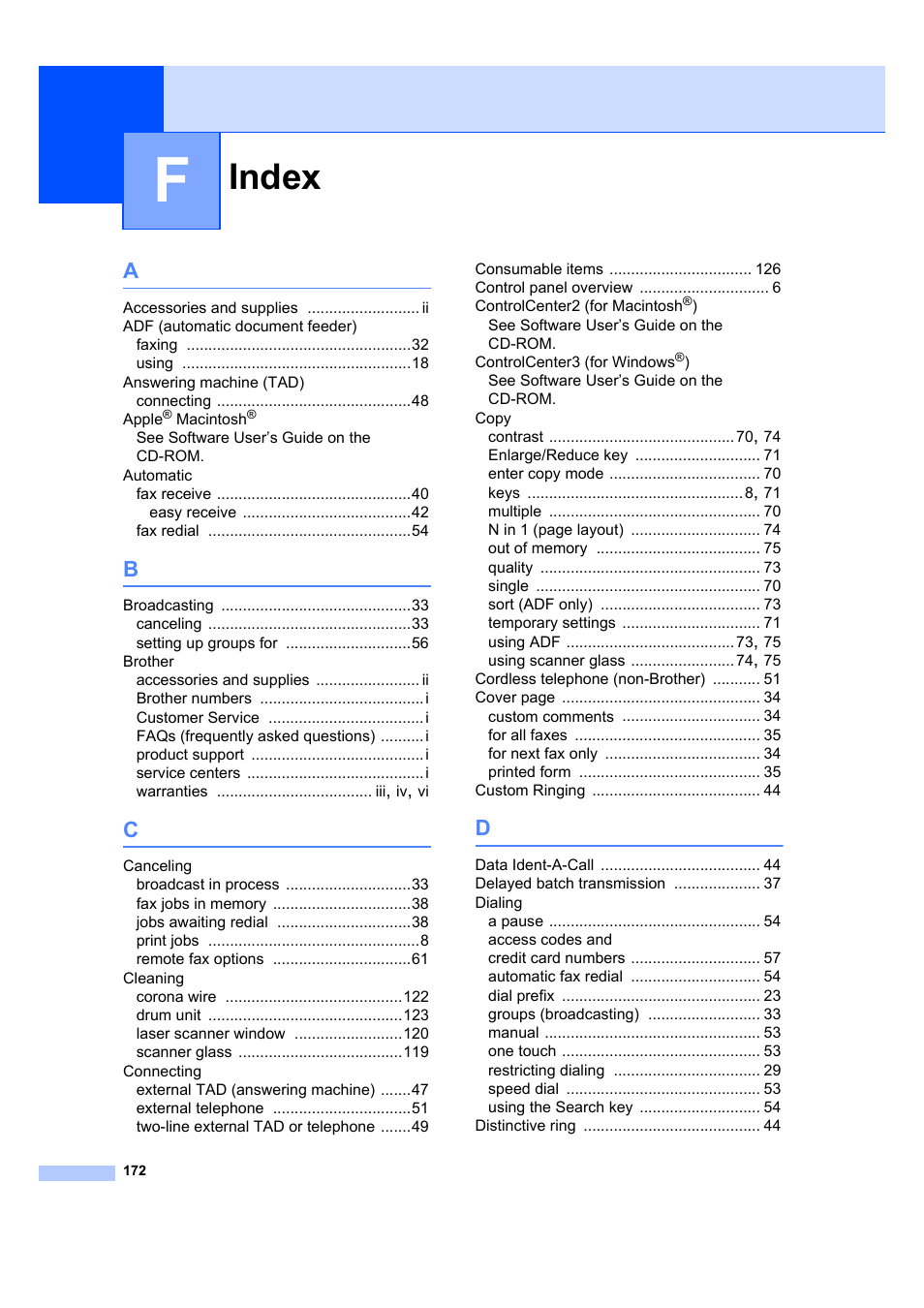 Index | Brother MFC 7840W User Manual | Page 186 / 192