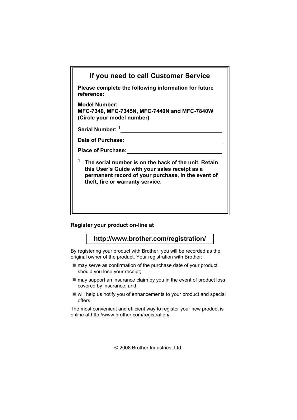 If you need to call customer service | Brother MFC 7840W User Manual | Page 2 / 192