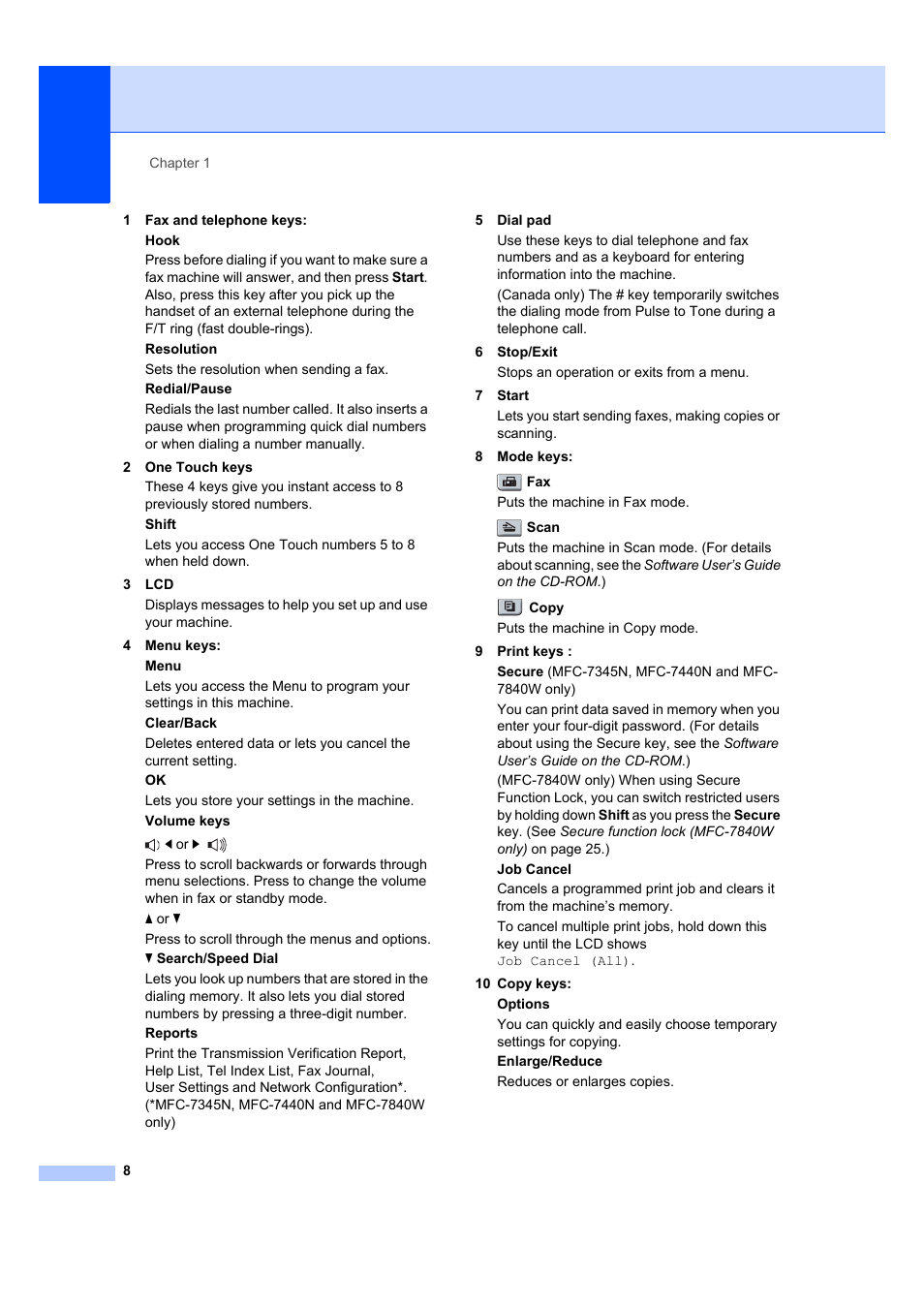Brother MFC 7840W User Manual | Page 22 / 192