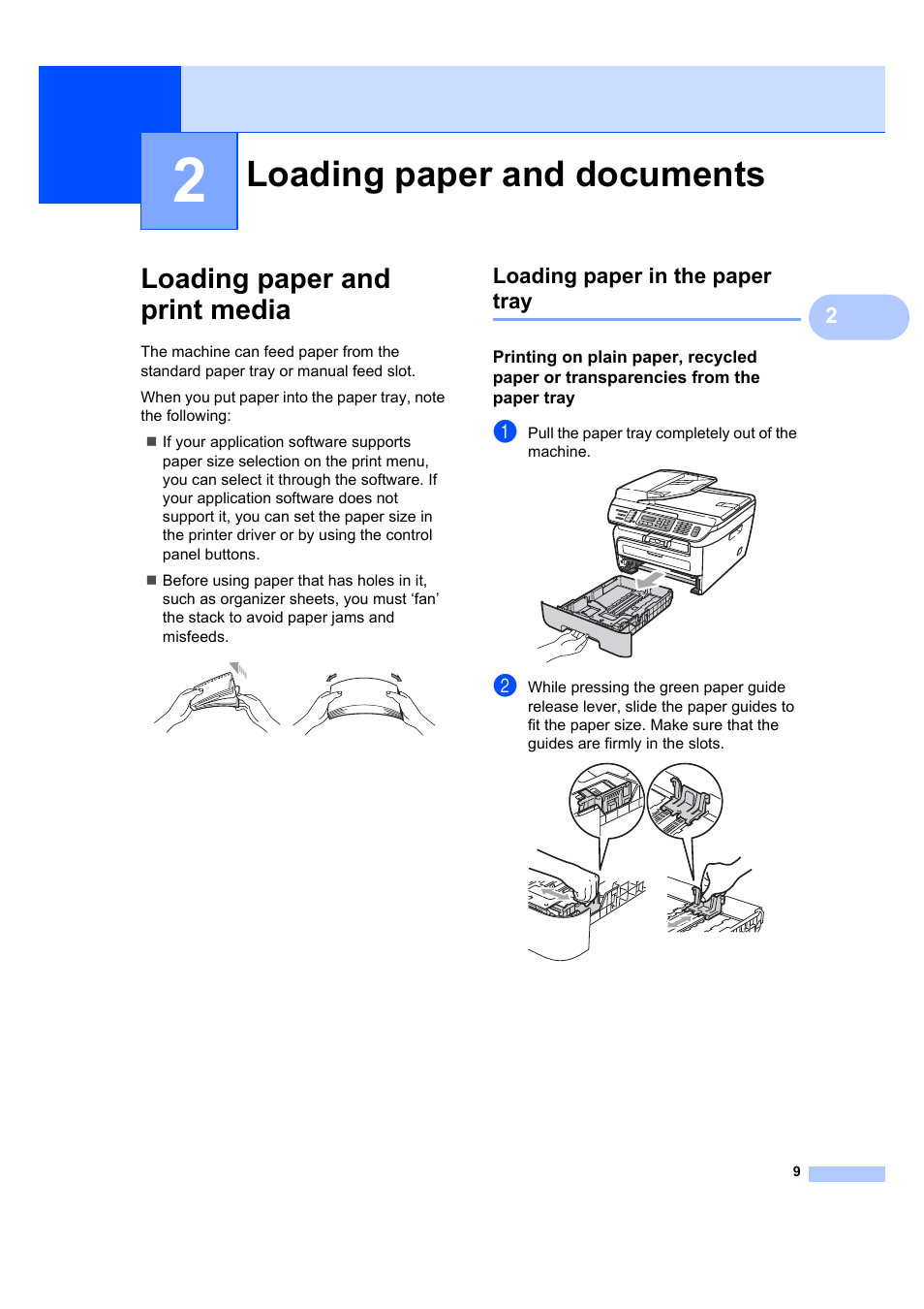 2 loading paper and documents, Loading paper and print media, Loading paper in the paper tray | Loading paper and documents | Brother MFC 7840W User Manual | Page 23 / 192