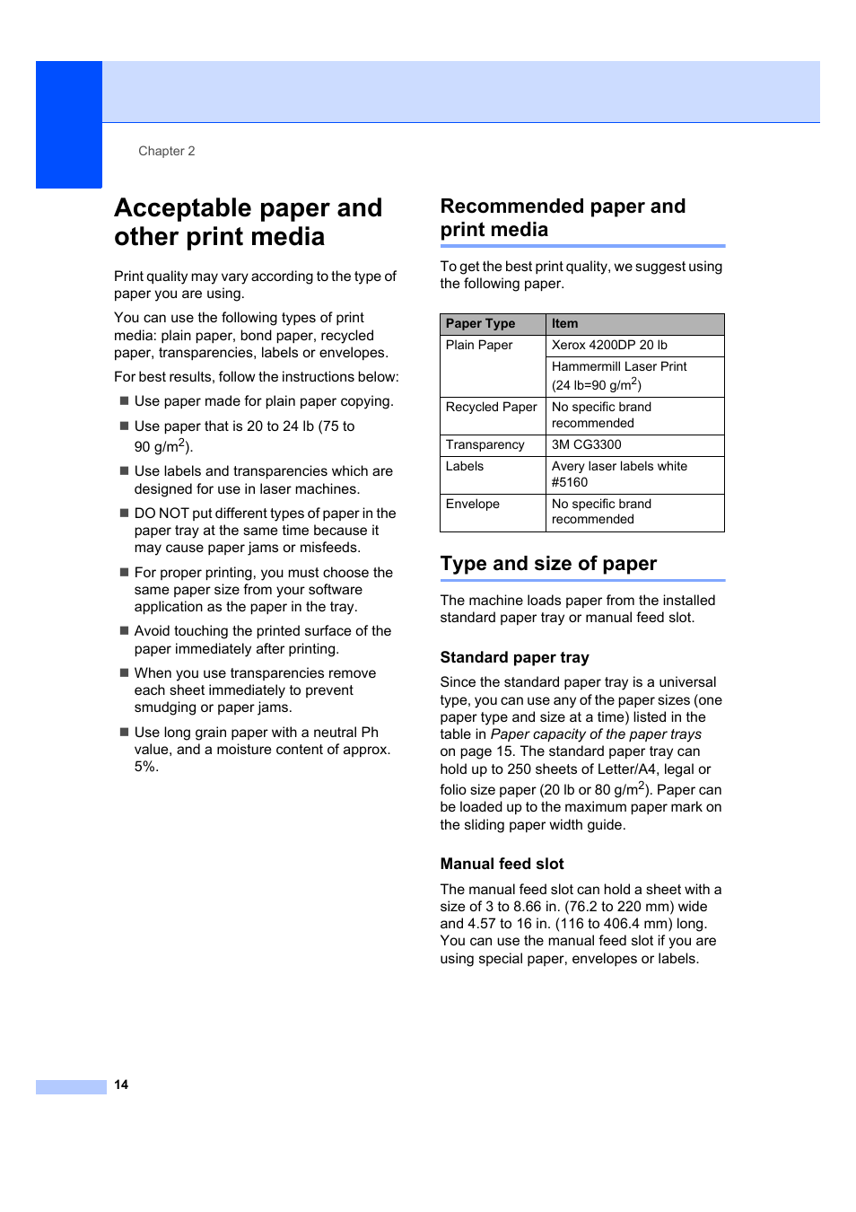 Acceptable paper and other print media, Recommended paper and print media, Type and size of paper | Standard paper tray, Manual feed slot | Brother MFC 7840W User Manual | Page 28 / 192