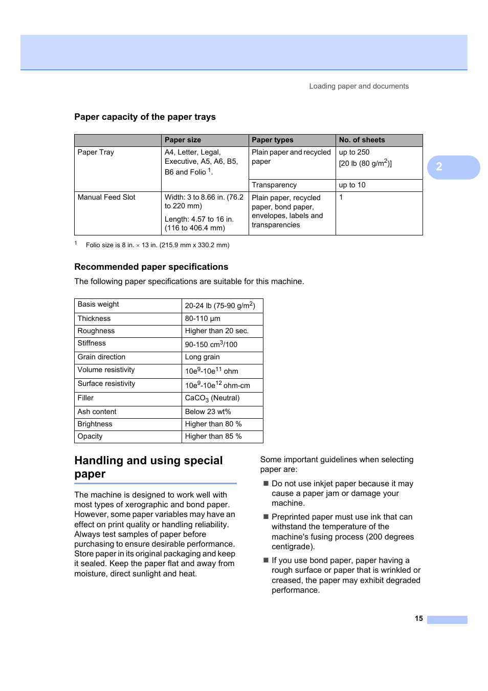 Paper capacity of the paper trays, Recommended paper specifications, Handling and using special paper | Brother MFC 7840W User Manual | Page 29 / 192