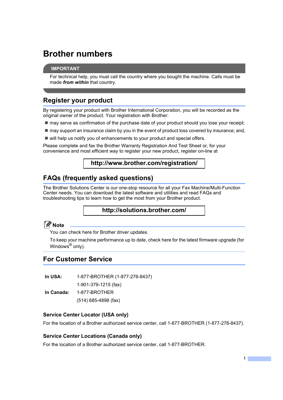Brother numbers, Register your product, Faqs (frequently asked questions) | For customer service | Brother MFC 7840W User Manual | Page 3 / 192