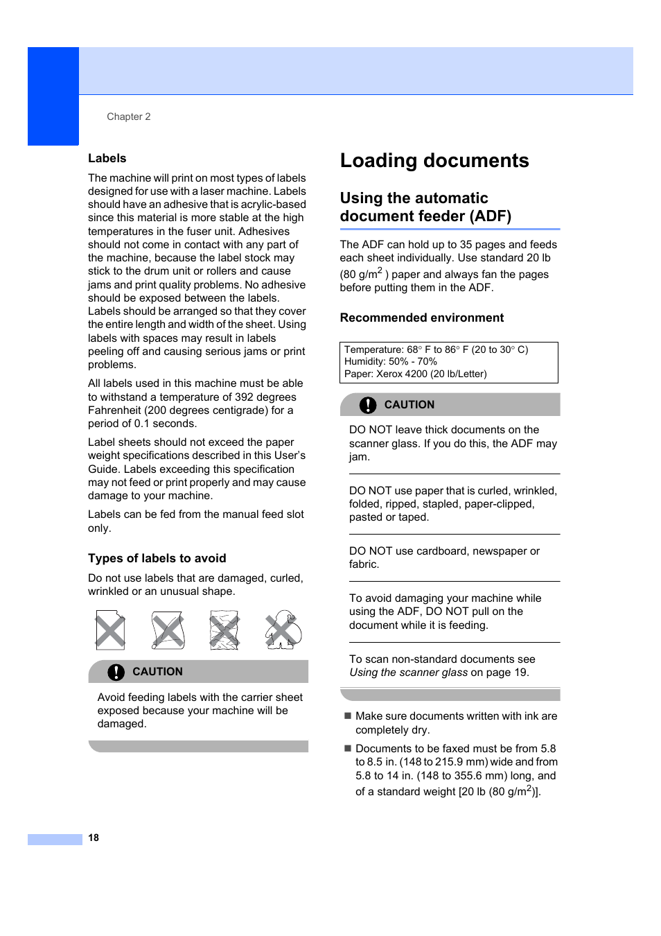 Labels, Types of labels to avoid, Loading documents | Using the automatic document feeder (adf), Recommended environment, Caution, Do not use cardboard, newspaper or fabric | Brother MFC 7840W User Manual | Page 32 / 192