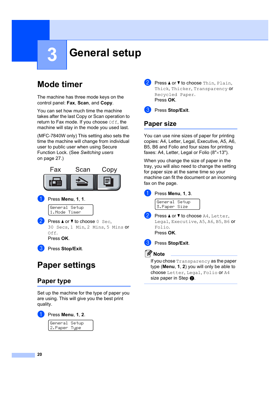 3 general setup, Mode timer, Paper settings | Paper type, Paper size, General setup, Mode timer paper settings, Paper type paper size | Brother MFC 7840W User Manual | Page 34 / 192